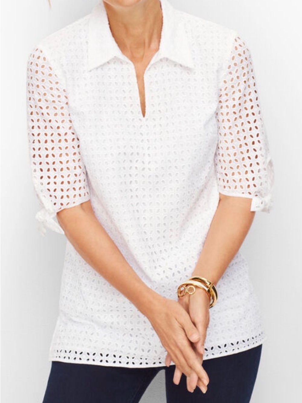 Talbots White Eyelet Notch-Collar Tunic